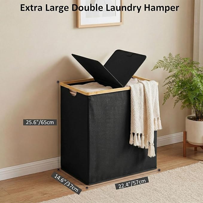 efluky Laundry Hamper with Lid, Double Laundry Hamper with 2 Removable Bags, 2 Section Laundry Basket with Bamboo Handles for Bathroom, Bedroom & Laundry Room, 140L (36.9 Gallon) Black - Image 5
