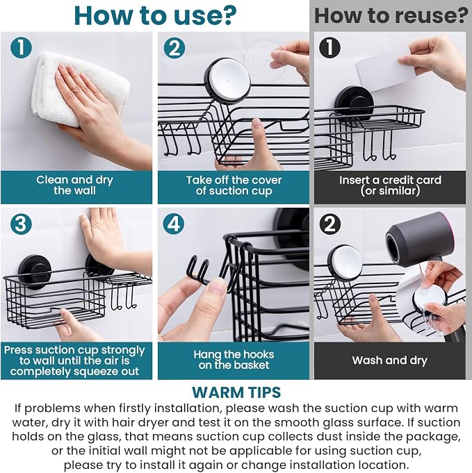 TAILI Shower Caddy Suction Cup with Hooks and Soap holder, Heavy Duty Bathroom Shower Organizer, No Drilling Bathroom Holder with Large Capacity, Metal Black Storage Basket - Image 7