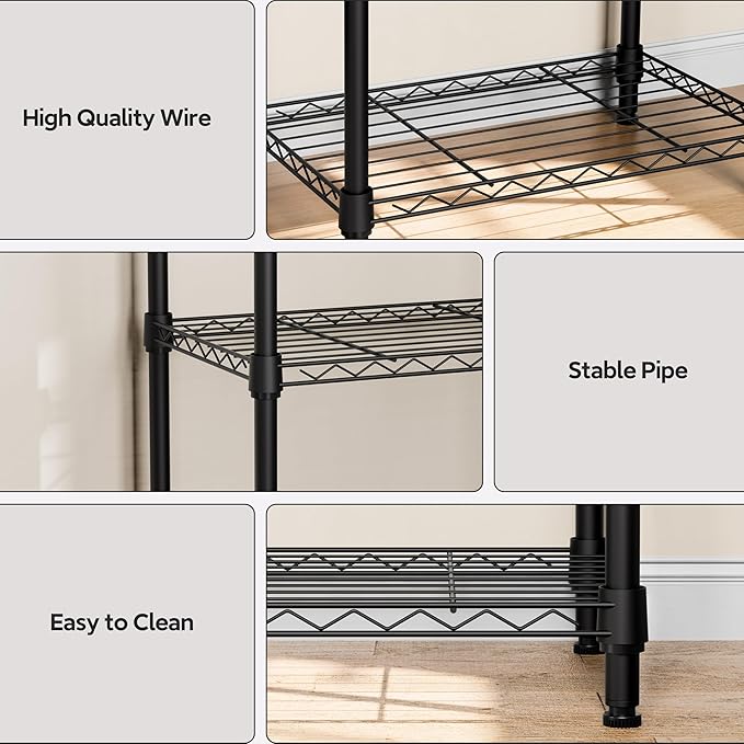 M MZG 5 Tiers Shelf Metal Storage Shelves Wire Rack Closet Organizers with Wheel for Garage Kitchen Bathroom Laundry Black 11.8" D x 17.7" W x 55" H - Image 4