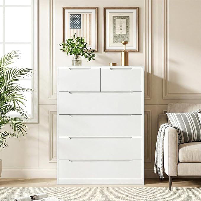 Romorgniz White Dresser for Bedroom with 6 Large Drawers, Tall Chest of Drawers Modern Wooden Dresser for Living Room, Entryway, Hallway, 43.2" H X 27.6" W X15.6 D