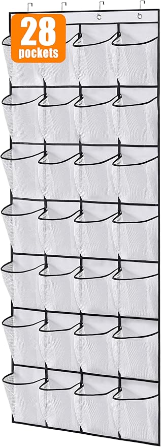 MISSLO 28 Large Pockets Over The Door Shoe Rack Hanging Shoe Organizer for Closet Door Shoe Storage Holder Mesh Hanger, White by MISSLO