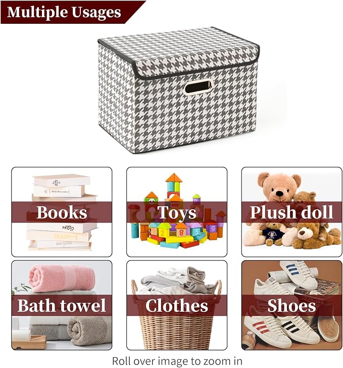 STOREONE Fabric Storage Cube Bins Foldable Organizer Container Collapsible Basket with Lids and Metal Handles, for Home, Bedroom, Closet 6 Pcs (Houndstooth) - Image 3