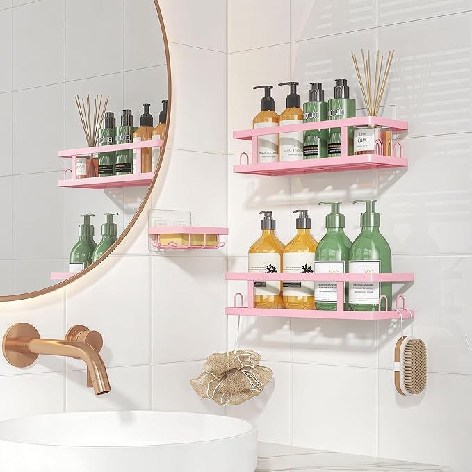Youvip Adhesive Shower Caddy,Shower Shelves with Soap Holder and 12 Hooks,No Drilling Bathroom Organizer and Storage,Pink,3 Pack - Image 4