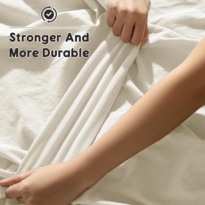 SONORO KATE 100% French Pure Linen Sheets, Breathable and Durable Line Full Size Sheets, Anti-Tear Line Bed Sheets, Machine Washable, 16 Inch Deep Pocket - 4 Piece (Cream, Full)