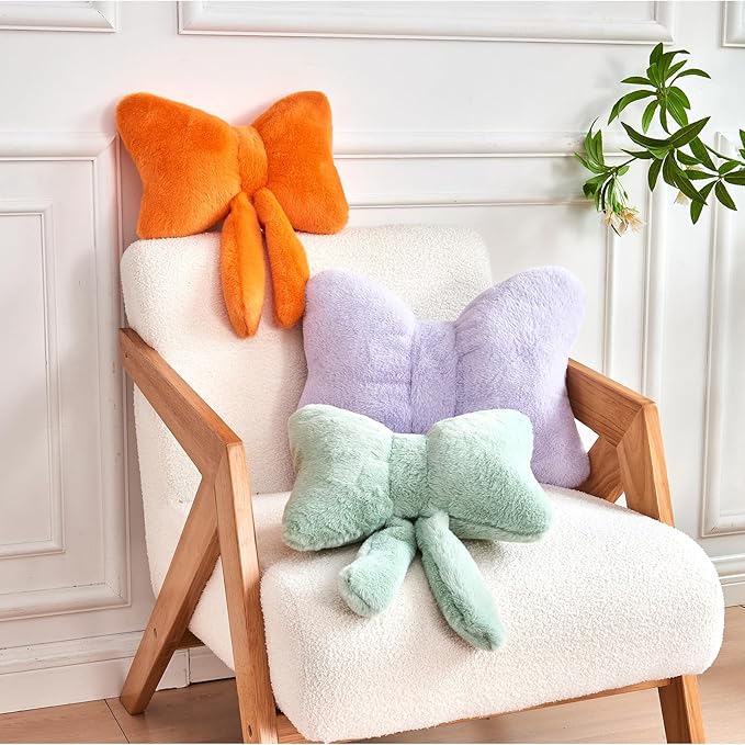 XVTRU Bow Pillow, Soft Bow Decorative Pillows with Faux Rabbit Fur, Cute Bow Throw Pillows, Aesthetic Home Decor Bow Shaped Plush Pillow for Bedroom Sofa Couch (Orange, Large-16 Inch)