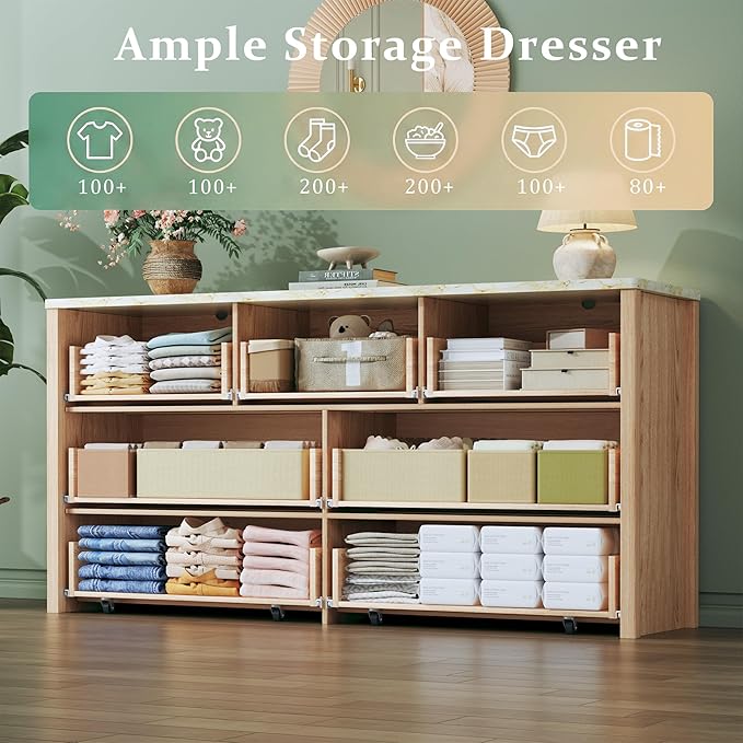 HUAHUU Fluted Dresser for Bedroom with 7 Drawers, 53" Wide Mid Century Modern Dressers with Faux Marble Top & Metal Handle, Wooden Chest of Drawers TV Stand, Natural Oak