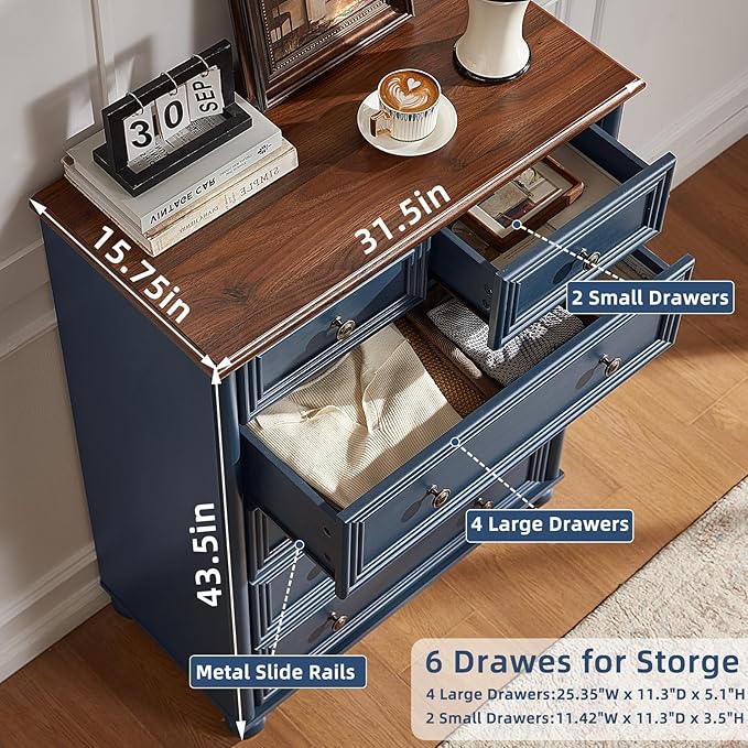 RWYHG Farmhouse 6 Drawer Dresser, Blue Chest of Drawers, 43.5" Tall Dressers for Bedroom with Roman Column and Metal Handles, Rustic Wood Storage Organizer for Living Room, Hallway, Closet