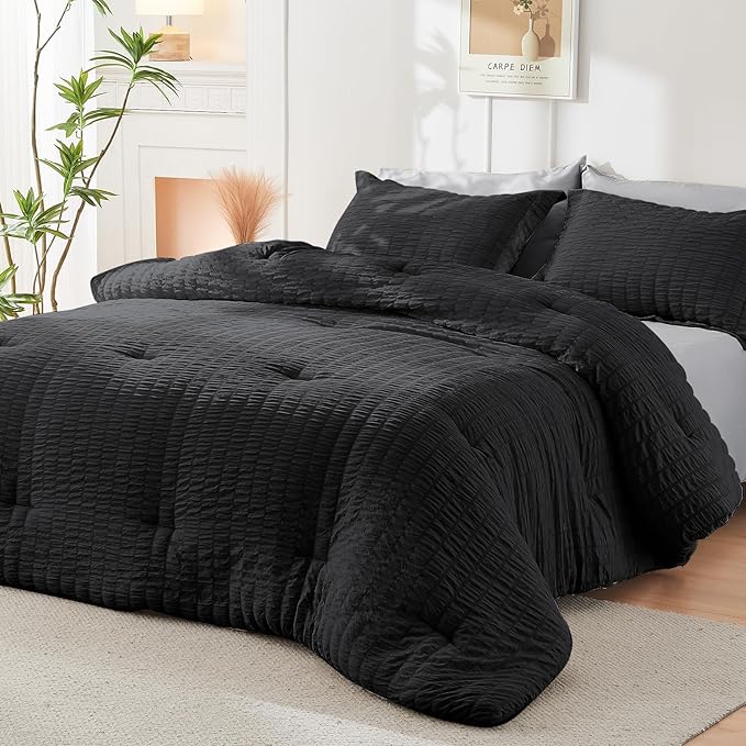HYMOKEGE Black/Light Grey Queen Comforter Set Seersucker 7 Pieces, All Season Luxury Bed in a Bag Queen for Bedroom, Bedding Set with Comforter, Sheets, Pillowcases & Shams