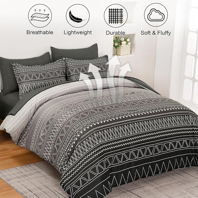 WONGS BEDDING Boho Black Grey Comforter Set Queen Size 7 Piece Stripe Gradient Bed in a Bag Bedding Set for All Seasons Reversible Soft Microfiber Comforter with Sheets, Pillowcases & Shams