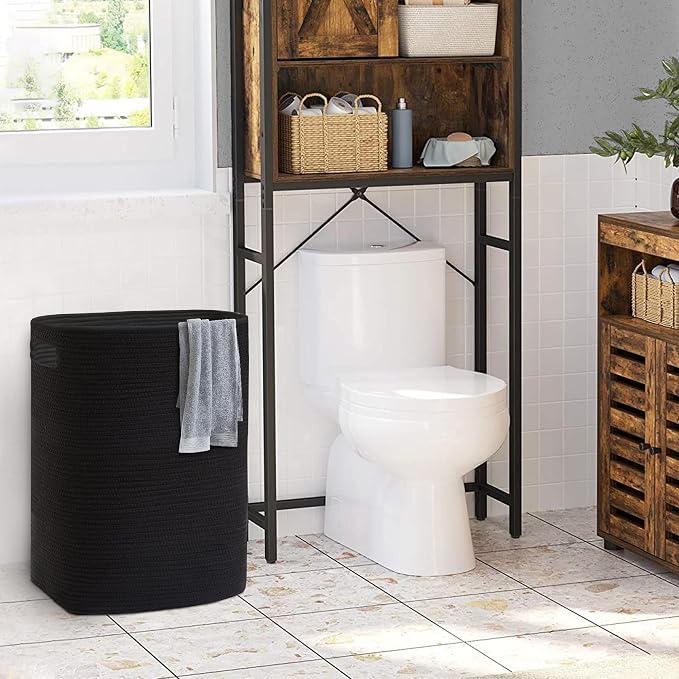 MEGASKET Large Laundry Hamper 16"x13"x22" - Tall Woven Laundry Basket, Cotton Rope Dirty Clothes Hamper, Baby Kids Nursery Wicker Laundry Basket, Bedroom Aesthetic, Soft Laundry Bin, Black Hamper, 75L - Image 6