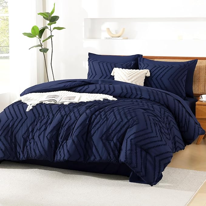 Litanika Super King Size Comforter Set with Sheets Navy Blue - 7 Pieces Bed in a Bag Oversized King Boho Tufted Complete Bedding Sets with Comforter, Sheets, Pillowcases & Shams