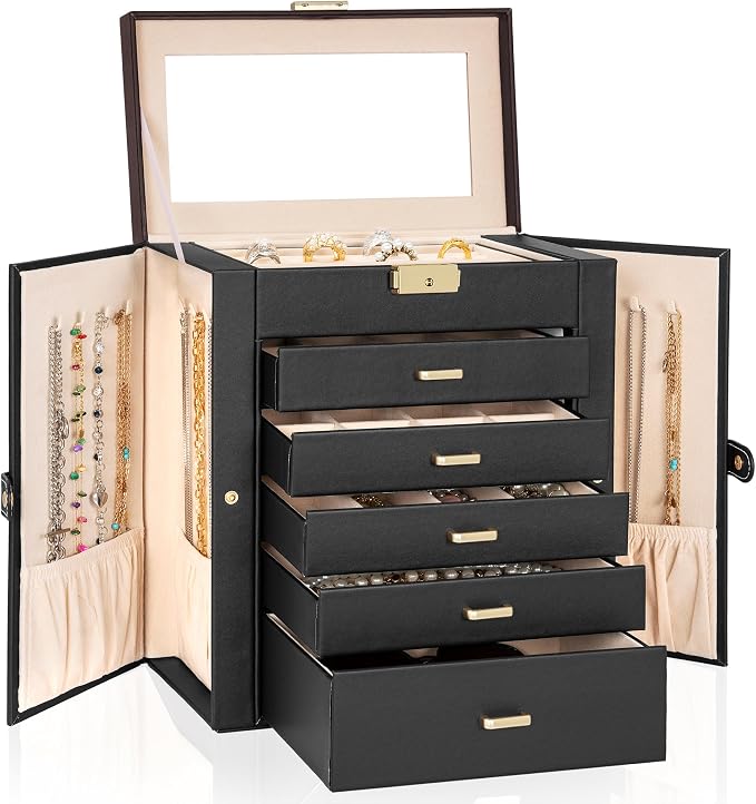 AKOZLIN Large 6-Tier Jewelry Box Lockable Leather Jewelry Storage Case with 5 Drawers for Women Girls Ring Necklace Earring Bracelet Holder Organizer with Mirror - Image 8