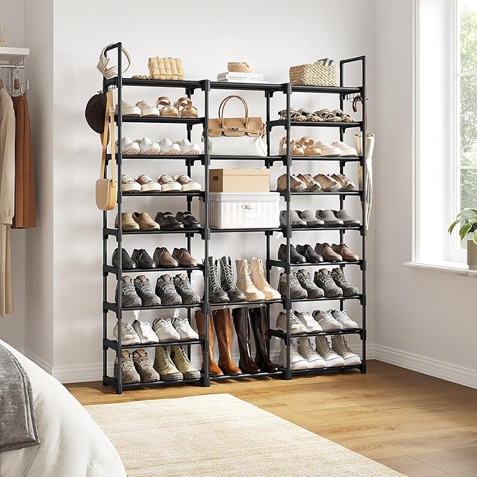 WOWLIVE 9 Tiers Large Shoe Rack Storage Organizer for Closet 50-55 Pairs Shoe Tower Unit Shelf Stackable Shoe Rack with Metal Pipes Plastic Connectors Black(SSS3B9) - Image 4