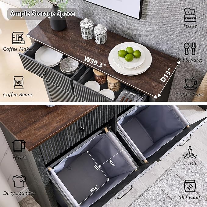 IFBUY Modern Double Tilt-Out Laundry Hamper Cabinet, 20 Gallon Fluted Trash Can Cabinet w/2 Drawers, Wooden Hidden Garbage Can Cabinets w/Laundry Basket, Free Standing for Bathroom and Kitchen, Grey - Image 3