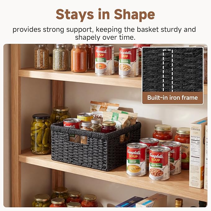 StorageWorks Wicker Basket with Handle, Wicker Storage Baskets for Organizing, Decorative Storage Baskets for Shelves, Paper Rope, Black, 2-Pack - Image 5