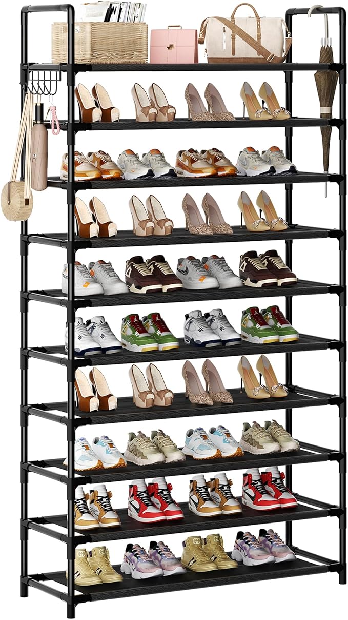 Shoe Rack, 10 Tier Shoe Storage Organizer with Hooks,Fit 40-45 Pairs Shoes,Nonwoven Fabric Tall Shoe Shelf for Closet,Entryway, Hallway,Garage,Bedroom,Cloakroom by Unknown