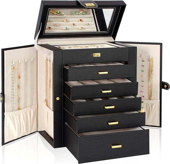 AKOZLIN Large Jewelry Box Organizer Functional with Big Mirror, Leather Jewelry Storage Case for Women Girls Ring Necklace Earring Bracelet Holder Organizer by AKOZLIN
