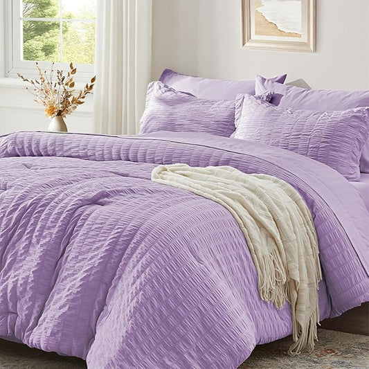 Zzlpp King Comforter Set 7 Pieces, Light Purple Seersucker Bed in a Bag with Comforter, Pillow Shams, Pillowcases, Flat Sheet, Fitted Sheet