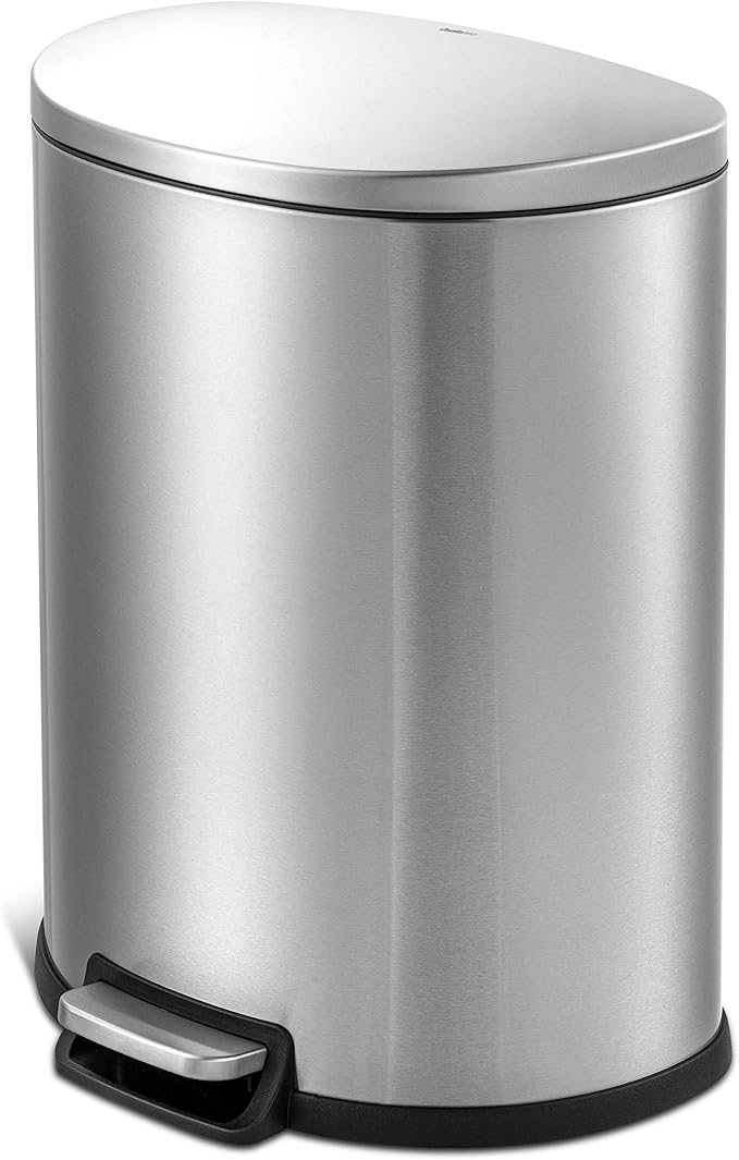QUALIAZERO 50L/13Gal Heavy Duty Hands-Free Stainless Steel Commercial/Kitchen Step Trash Can, Fingerprint-Resistant Soft Close Lid Trashcan, 13Gal, D Shape by QUALIAZERO