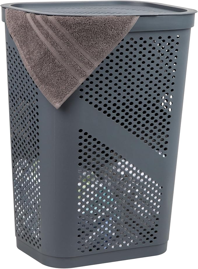 Mind Reader Slim Laundry Hamper with Lid, 60L Clothes Basket, Ventilated Plastic, Gray by MindReader