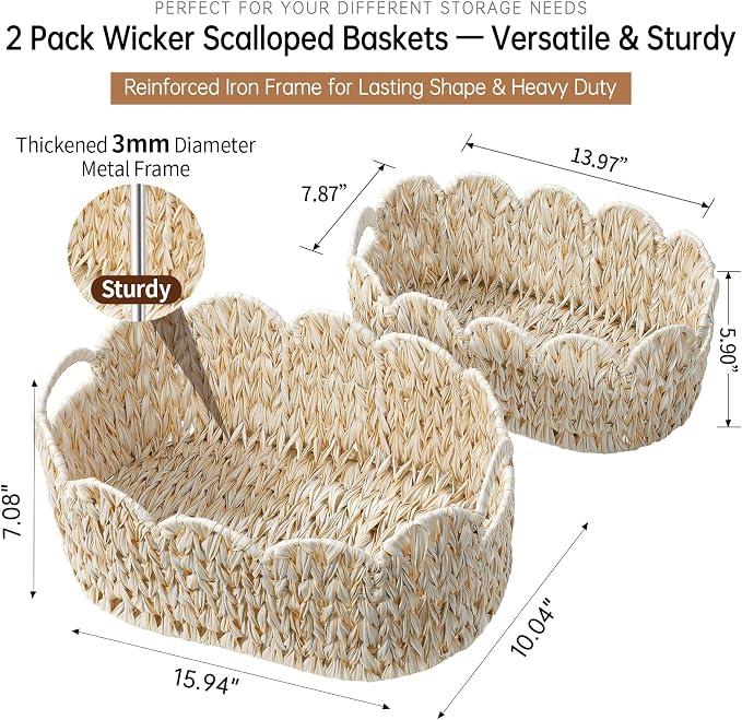 Coeusy Wicker Scalloped Basket Set of 2,Woven Storage Baskets for Shelves,Closet,Laundry,Gifts,Towels,Books,Toys,Waterproof Boho Decor Basket for Organizing - Image 4