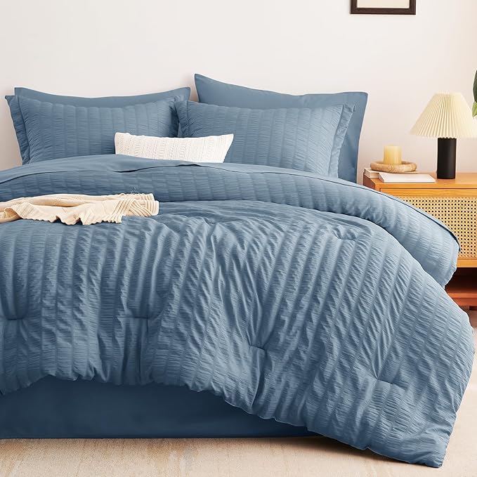 CozyLux Full Size Comforter Sets with Sheets 7 Pieces, Grayish Blue Seersucker Bed in a Bag Textured Luxury Soft Dusty Blue Bedding Sets with Down Alternative Comforter, Sheets, Pillowcases & Shams