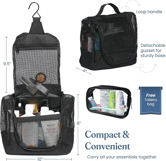 The Fine Living Co. Portable Hanging Shower Caddy Organizer Bag (Free Toiletries Case+Metal Hook) Quick Dry Mesh Shower Caddy Tote Bag Pouch For Bathroom College Dorm Camp Gym Camping 10”x4”x8”(Black) - Image 2