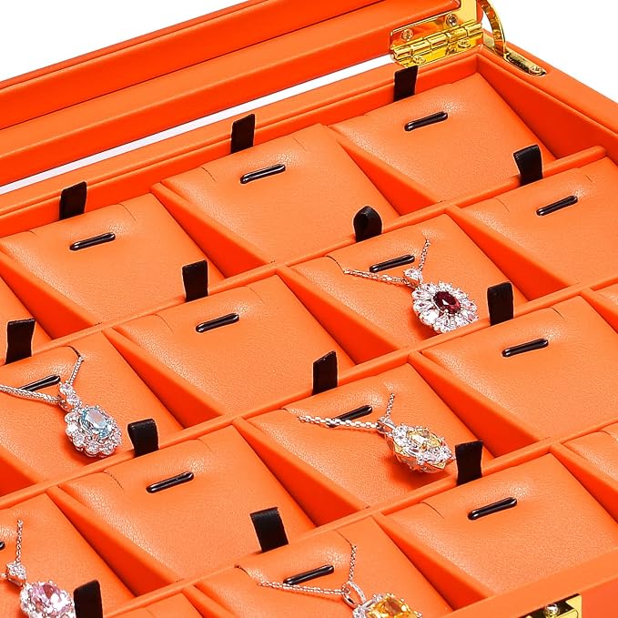 Oirlv Premium Leather Jewelry Tray with 24 Grid Removable Jewelry Cards Necklace Organizer Box with Transparent Acrylic Lid Necklace Pendant Display Case - Image 7