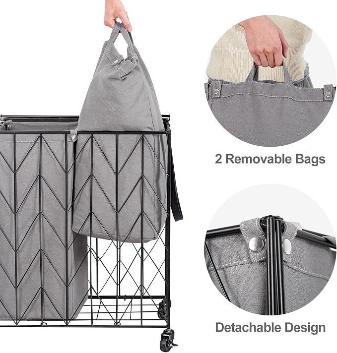 WOWLIVE Laundry Basket with Wheels, Heavy Duty Laundry Hamper with Wood Lid, Clothes Hamper with Divided Removable Liner Bag, Large Capacity Iron-Made Laundry Sorter Laundry Room Organization (Grey) - Image 5