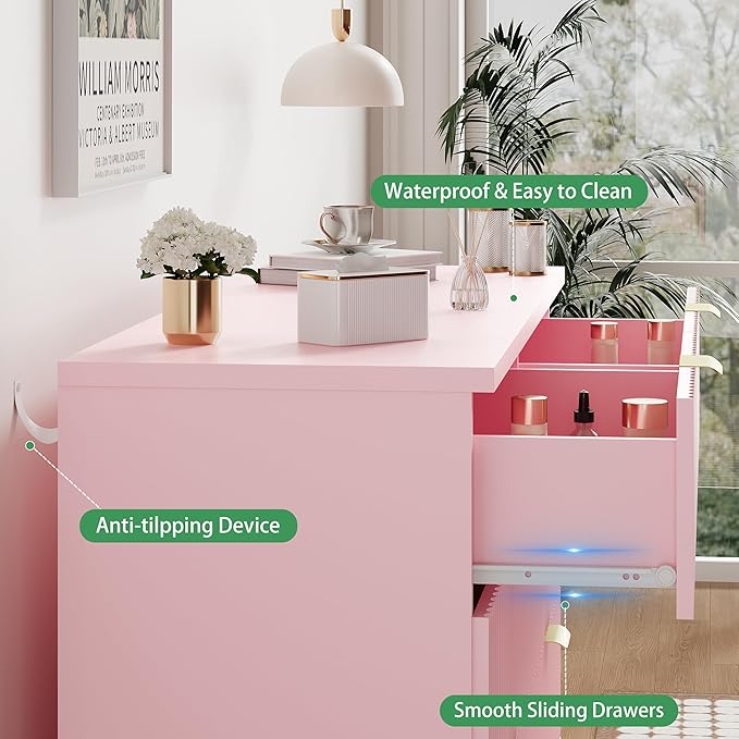 Xixini Fluted Dresser for Bedroom with 8 Drawers, 48" Wide Modern Chest of Drawers with Metal Handle, Wooden Dresser TV Stand, Wood Closet Clothes Storage Organizer for Living Room, Hallway, Pink