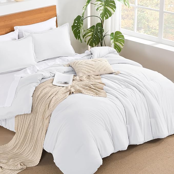 Andency White Comforter King Size - 7 Pieces Bed in a Bag King Bedding Comforter Sets, Summer Solid Soft Lightweight Comforter with Fitted Sheets, Flat Sheets, Pillowcases & Shams