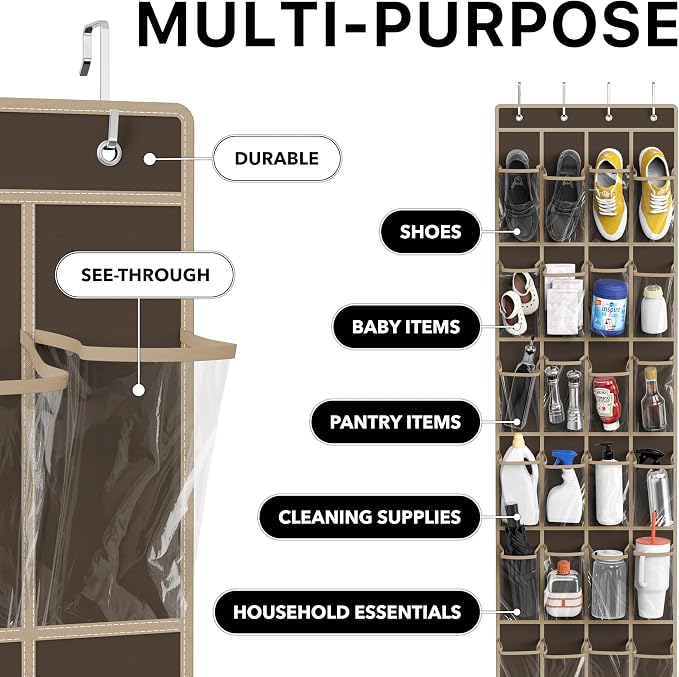 Simple Houseware 24 Pockets - Crystal Clear Over The Door Hanging Shoe Organizer, Brown (64'' x 19'') - Image 5
