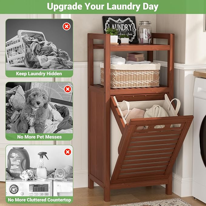 Homykic Tilt Out Laundry Hamper, 10 Gal Bamboo Laundry Storage Cabinet with Removable Basket, Hidden Hamper Organizer with Shelf for Dirty Clothes, Bathroom, Laundry Room, Space Saving, Walnut - Image 5