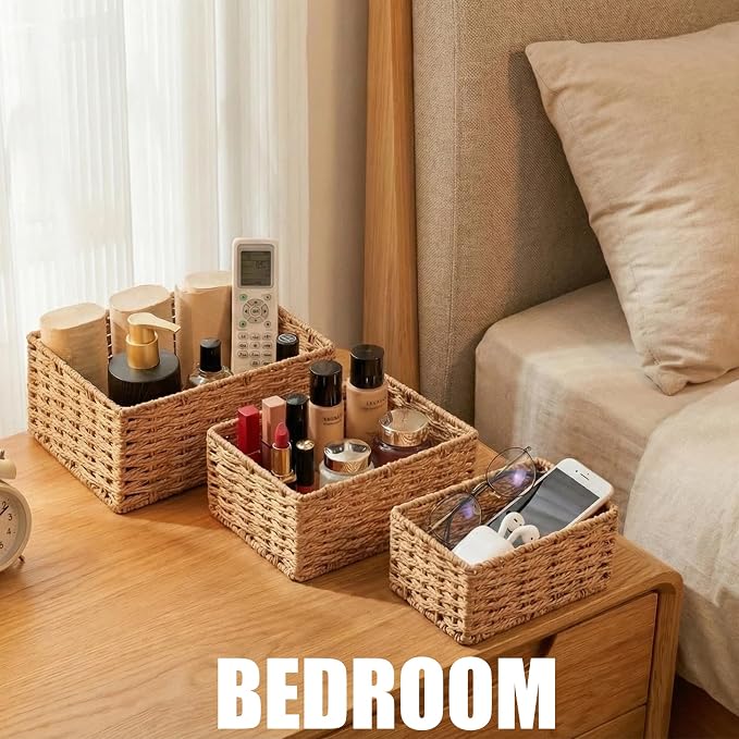 Small Wicker Basket for Organizing, Woven Storage Basket Set of 3 - Handwoven Natural Paper Rope Baskets to Declutter Any Room, Perfect for Organizing and Home Decor - Image 3