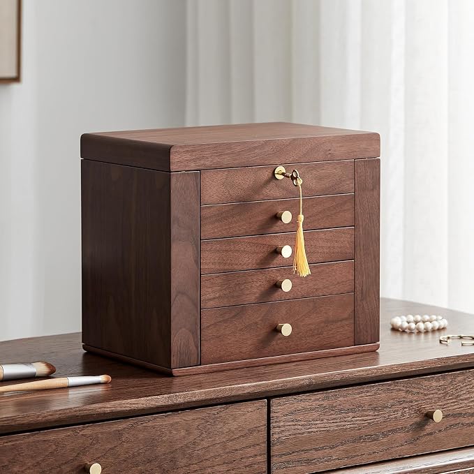 Black Walnut Wooden Jewelry Box Wood Jewelry Organizer with 2 Side Doors Mirror Lockable Classical Style for Watch Necklace Ring Earring Storage Mothers Day Gifts for Mom-5 Layer by Homruilink