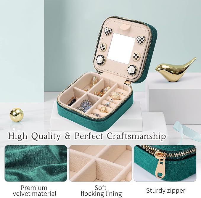 Dajasan Velvet Travel Jewelry Box, Mini Travel Jewelry Case, Small Portable Travel Jewelry Organizer with Mirror for Women Girls (Green) - Image 5