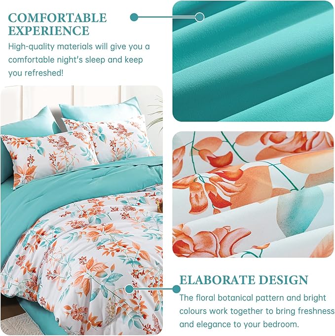 King Comforter Set- 7 Pieces Floral Comforter Bed in A Bag,Coral Botanical Comforter Set with Pillowcases,Soft Microfiber Complete Bedding Sets for All Season