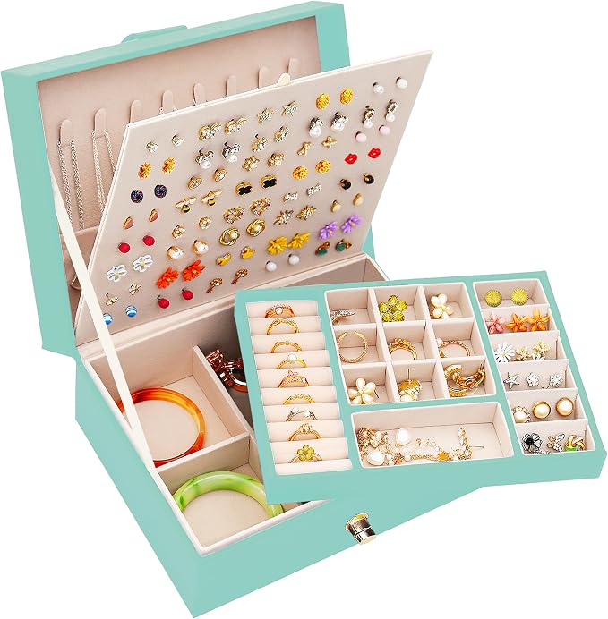 Earrings Jewelry Box for Girls, Large Capacity Jewelry Organizer with 40-Pair Earring Board, 2-Layer Leather Jewelry Storage Box for Necklaces Rings Bracelets with Removable Tray(Gift Idea),Turqueoise by ARIYIBO