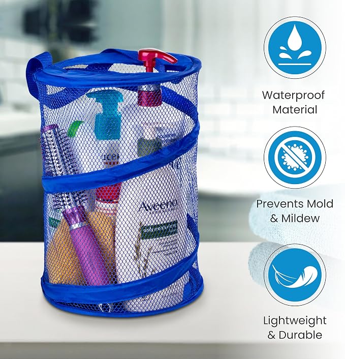 Handy Laundry Foldable Shower Caddy - Collapsible, Portable, Drainage Hole, Carry Handle, Large Compartments. Great Organizer for Camp, Travel, Gym, and Dorm (Blue) - Image 4