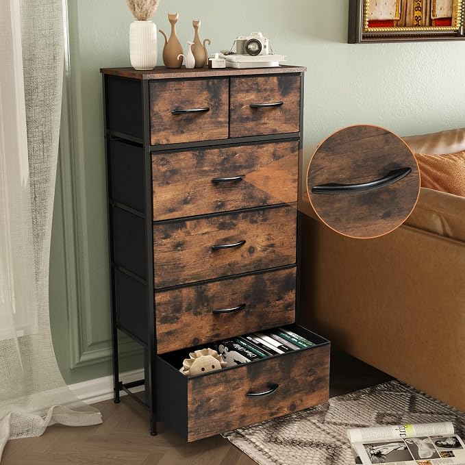 Fabric Dresser for Bedroom, Tall Skinny Dresser with 6 Drawers, Storage Organizer Tower, Steel Frame Wooden Top for Closet, Living Room, Hallway(Rustic Brown) - Image 6