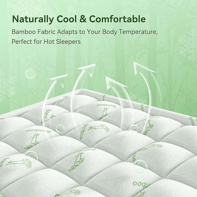 Anluoer Memory Foam Mattress Topper Queen, Rayon Derived from Bamboo Pillow Top Mattress Topper for Back Pain Relief, Cooling Soft Mattress Pad with 8-21" Deep Pocket, 60x80 Inches, White