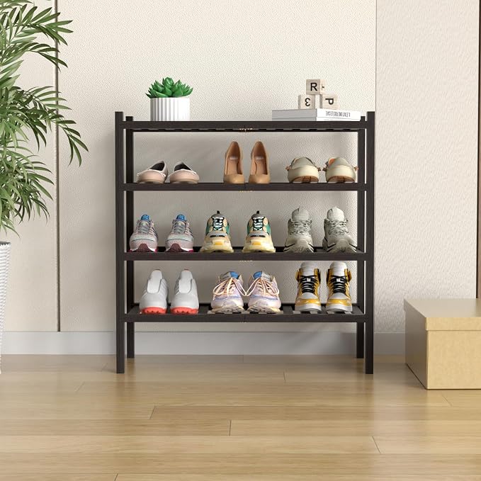 ROMGUAR CRAFT 4 Tier (Thick) Bamboo Shoe Rack for Closet Free Standing Wood Shoe Shelf for Entryway Small Space Stackable 27"x12"x28" (Black Brown) - Image 2