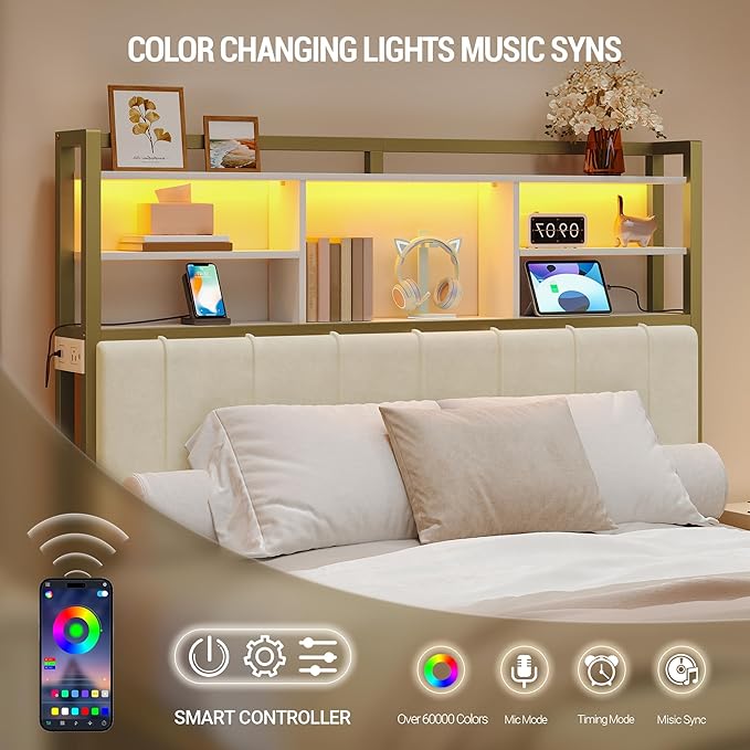 Hzuaneri Headboard with 3-Tier Storage Shelves, Velvet Upholstered Head Board with 2 Outlets, USB Ports & LED Light, Soft Backrest for Full Size Bed, White and Gold BH13803A