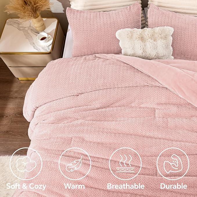 Flannel Fleece Comforter King Set - Furry Pink Leaves Pattern Faux Fur Bed Set, Winter Ultra Soft Fuzzy Comfort Set, Velvet Bedding Set for Bed with 2 Pillow Cases