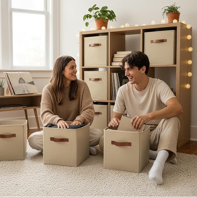GRANNY SAYS Cube Storage Bins, 11 Inch Cube Storage Organizer with PU Handle, Khaki, Foldable Clothing Organizer Bins, Storage Baskets for Shelves, Closet, 6-Pack - Image 4