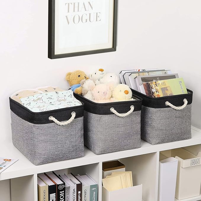 TheWarmHome Storage Basket for Organizing - 16x12x12 inch Cube Storage bin 3 Pack Fabric Storage Cubes, Collapsible Storage Box for Organizer Cloth Gift Toy Closet (Black & Grey) - Image 6