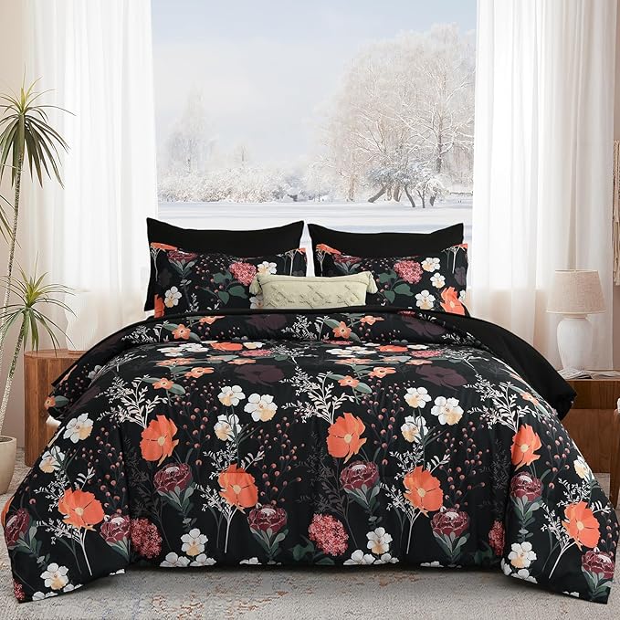 Yiran Black Red Floral Comforter Set King Size, 7 Piece Winter Comforter Bedding Set, Farmhouse Bed in a Bag, Soft Microfiber Complete Bedding Set with Sheets for All Season