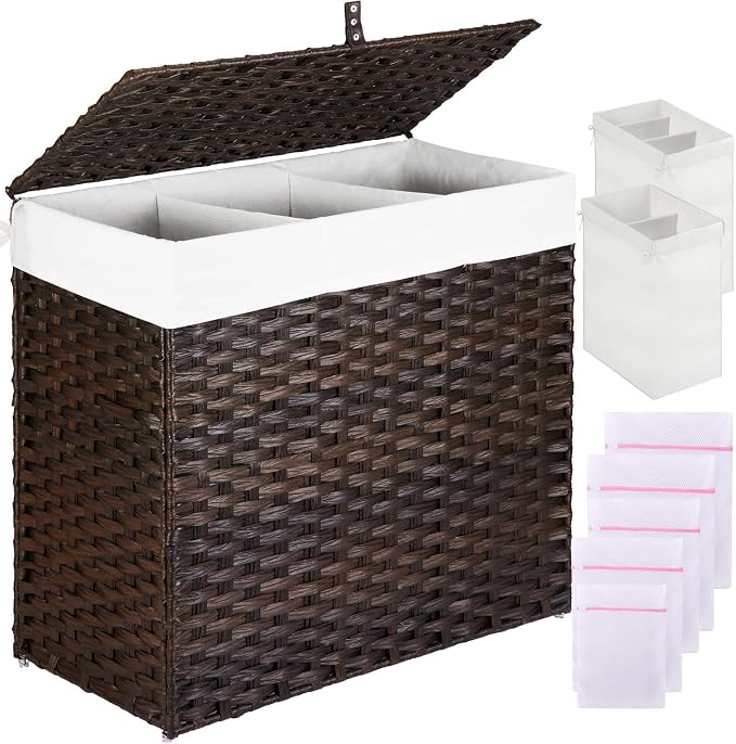 Greenstell Laundry Hamper with Lid, 125L Large Clothes Hamper with 3 Section & 2 Section Removable Liner Bags & 5 Mesh Laundry Bags, Handwoven Synthetic Rattan Divided Laundry Basket, Brown by Greenstell