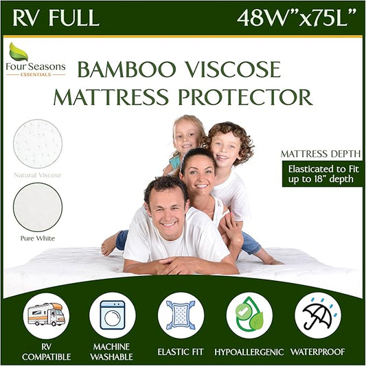 Four Seasons Essentials RV Short Full Size Waterproof Mattress Protector - Cooling Viscose derived from Bamboo Fitted Sheet Mattress Cover - Quilted Jacquard Pad Protects from Dust Allergens