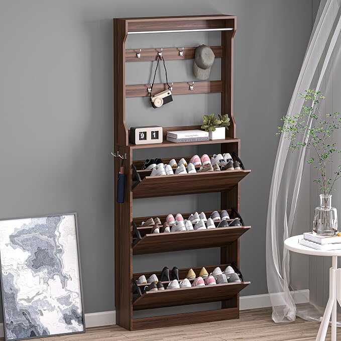 BORNOON Shoe Cabinet with 3 Flip Drawers & Coat Rack, Narrow Hidden Shoe Storage Cabinet, 2-in-1 Hall Tree Slim Freestanding Shoe Rack Organizer for Entryway, Hallway, and Living Room by BORNOON